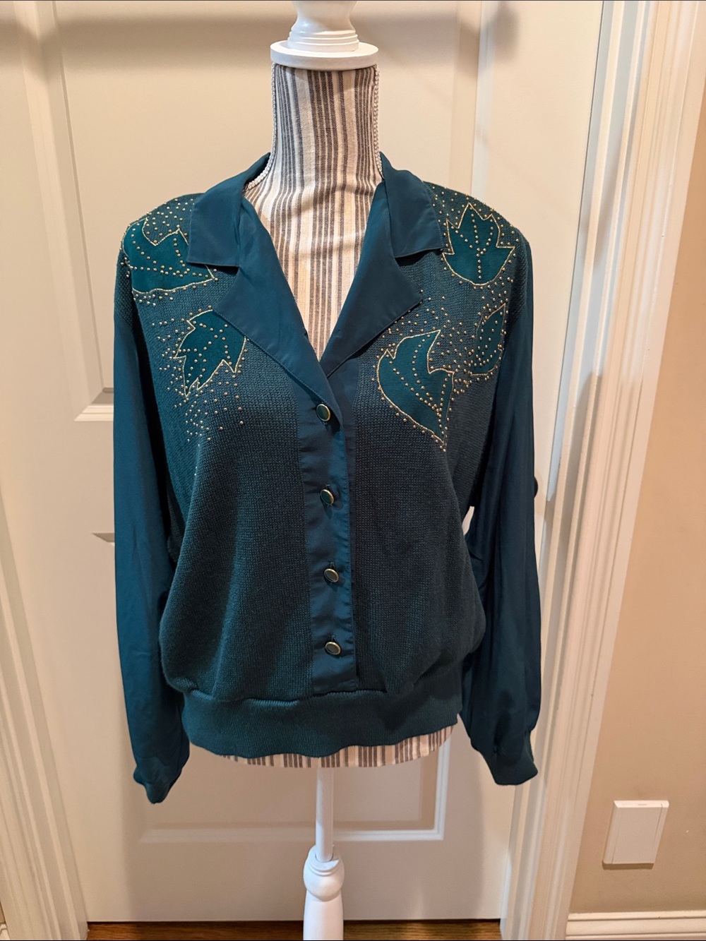 Teal Embellished Button-Up Women's Sweatshirt vintage